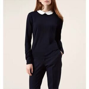 Hobbs London Sasha Collared Top Sz L Navy Peter Pan Collar Long Sleeve Career